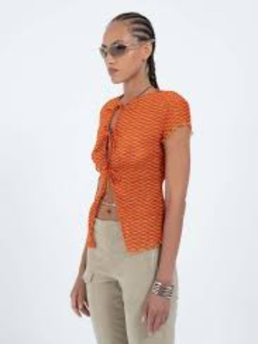 Arthur Orange Tie-Front Short Sleeve Mesh Blouse Size 4
